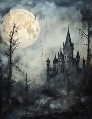 Scary old castle in moon. Gothic halloween castle. Spooky halloween night. Generative AI.