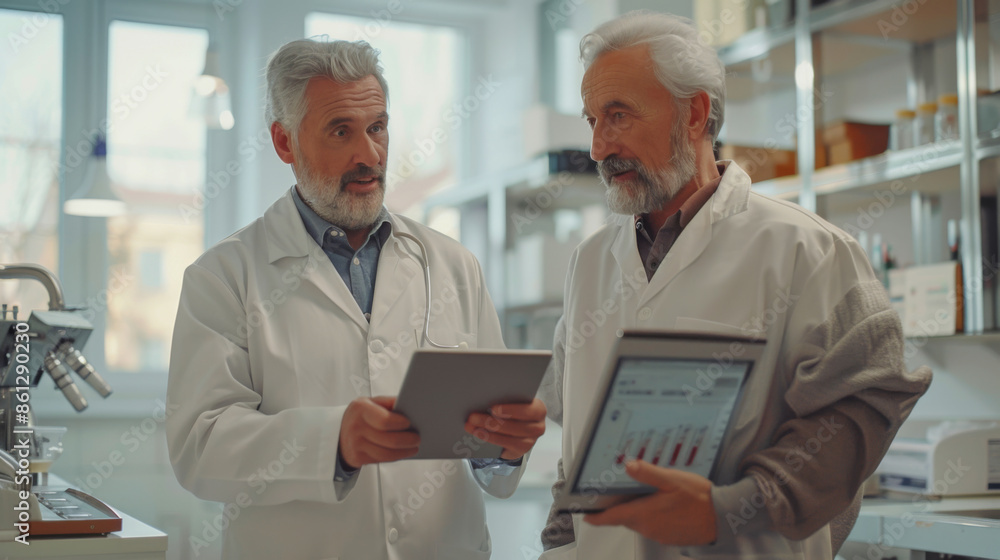 Aufkleber two senior scientists in lab coats discussing research data on tablets in a modern laboratory settin