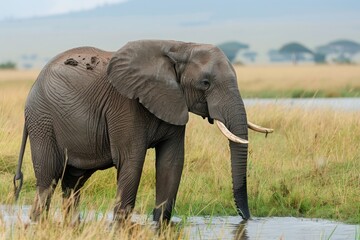 Obraz premium African Elephant drinks water with its trunk in Masai Mara.