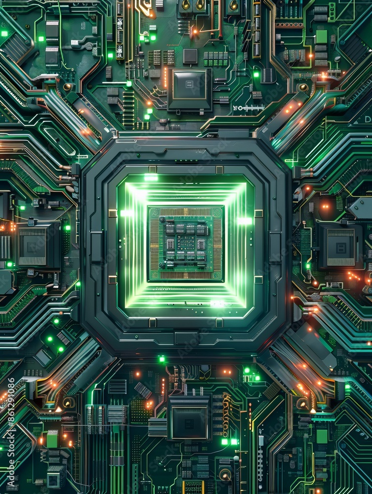 Poster top view, artificial general intelligence as a super computer made up of many chips and electronic c