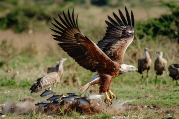 Obraz premium African Fish Eagle flies down to scavange the cat fish caught by the Marabou Storks in Masai Mara.