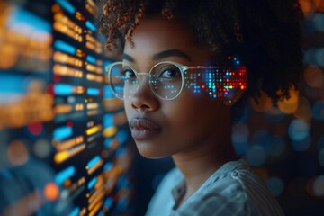 Beautiful African American office auditor using holographic screens and AI technology to analyze data on a futuristic hybrid laptop.