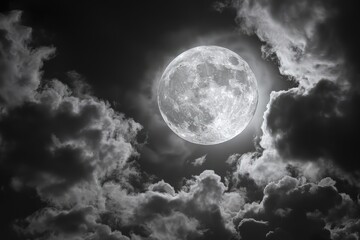 Spooky full moon and eerie white clouds
