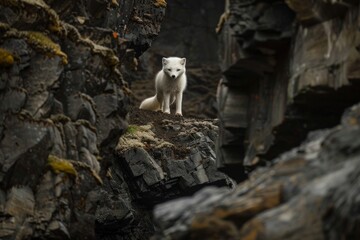An Arctic Fox hunting in a canyon on the Island of Svalbard, Norway.