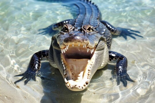 an alligator floats in clear water with its mouth wide open showing teeth
