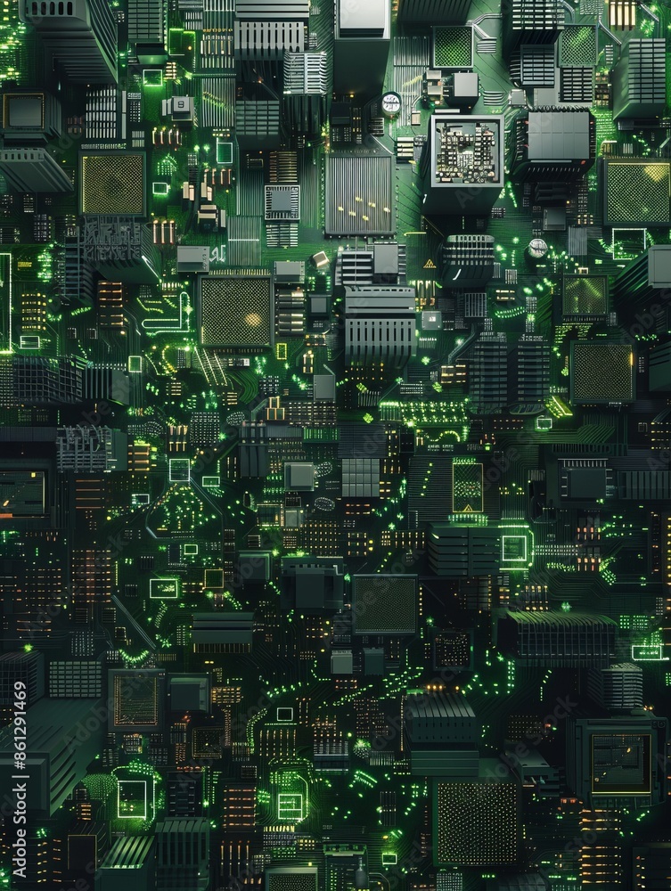 Poster top view, artificial general intelligence as a super computer made up of many chips and electronic c