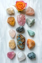 set gemstones crystal minerals for relaxation, meditation and rose flower. Magic Rock for Crystal Ritual, Witchcraft. Crystal Layout for Relaxing Chakra. Healing stones on white table. copy space