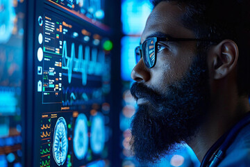 Beautiful persons with eyeglasses and a well groomed beard surrounded by holographic screens, managing medical coding bill and billing codes using AI technology