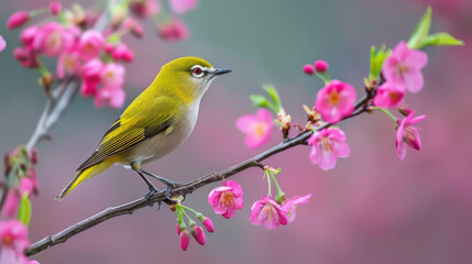A yellow bird perched on a cherry blossom branch, with vibrant pink flowers in full bloom, creating a serene nature scene.