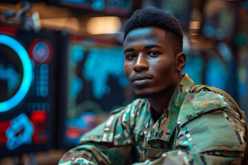beautiful African army veteran studying at a futuristic military academy using holographic screens and AI technology to enhance his education.