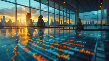 Financial Data Overlaid on Cityscape at Sunset. Financial data charts overlaid on a cityscape at sunset, symbolizing the connection between urban business environments and market analytics.