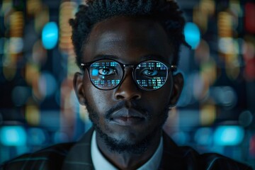 Obraz premium African Business Manager Using AI Holographic Screens to Review Potential Employees Before Interview
