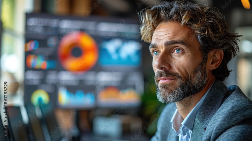 Poster thoughtful executive analyzing data. thoughtful executive analyzing data on a digital screen, symbol