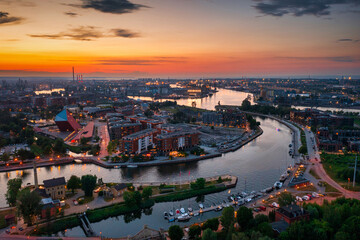 Aerial scenery of Gdansk with the mouth of the Motlawa River at sunset. Poland