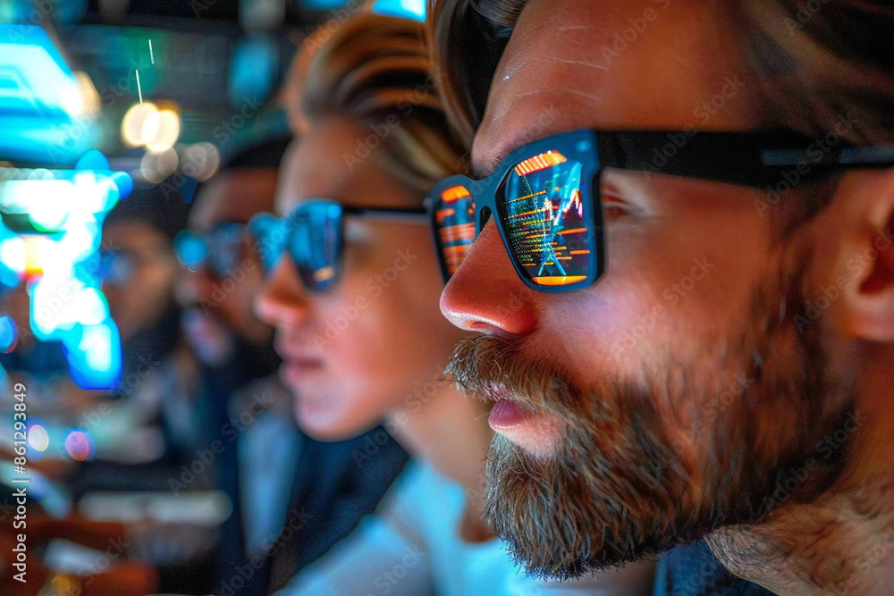 Aufkleber beautiful people with stylish eyeglasses and a well-groomed beard working on holographic screens whi