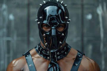 Man wearing black leather mask with metal spikes