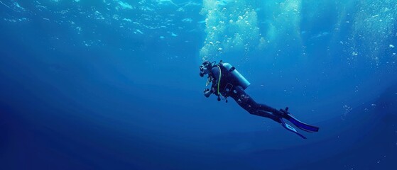 Blue background banner with a scuba diver entering water in a vertical position making bubbles