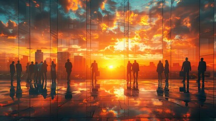 Fototapeta premium Business Team Watching City Sunrise. Business team watching the sunrise over the city from a high-rise office, symbolizing new beginnings and strategic vision.