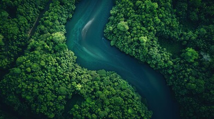 A stunning aerial view of a winding river cutting through a lush forest, showcasing natural beauty © Attasit