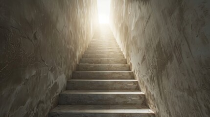 A well-worn stone staircase is bathed in sunlight as it ascends from a dark, narrow passage, symbolizing the journey from darkness to light and hope.