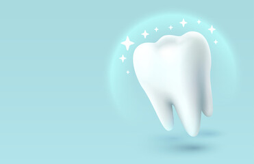 Tooth white, 3D illustration of a tooth on a light background. Vector illustration