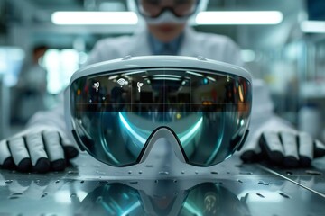Close-up of futuristic augmented reality eyewear, smart gloves and AI-enhanced earpiece on metal table in high-tech laboratory; elegant and beautiful scientists working