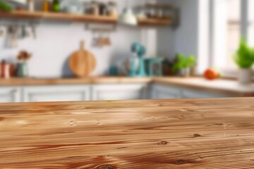 A close-up of a wooden kitchen countertop, the background slightly blurred with various kitchen utensils and plants, highlighting a cozy domestic setting under sunlight.