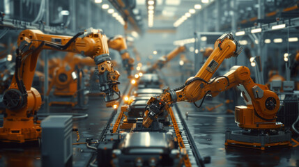 Automated industrial robots efficiently assembling products on a production line in a high-tech manufacturing factory.