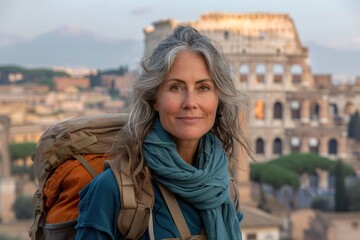 attractive adult woman backpacking in Rome and taking selfie
