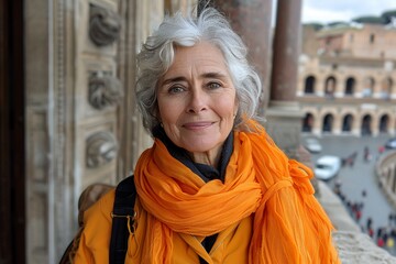attractive senior woman traveling in Rome and taking selfie