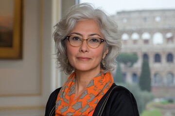 attractive adult woman in Rome taking selfie