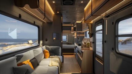 Obraz premium A comfortable motorhome interior with a view of a scenic lake