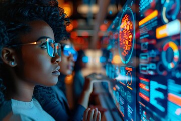 Obraz premium diverse group of beautiful professionals with eyeglasses collaborating on holographic screens powered by AI in a futuristic office setting.