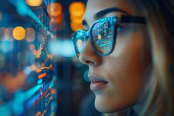 Beautiful persons wearing eyeglasses and a well-groomed beard seen using futuristic AI-powered holographic screens to organize and access tools in the digital age.