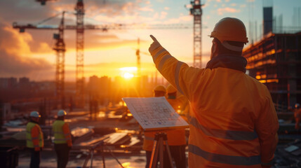 Fototapeta premium Team of construction workers planning and discussing at a construction site during sunrise, with cranes in the background.