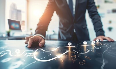 A businessman in a suit is seen strategizing by interacting with a futuristic digital touchscreen table displaying various data visualizations and strategic planning tools.