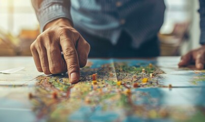 A hand points at a detailed map laid on a table, indicating travel planning and navigation, surrounded by miniature models and navigational tools, suggesting adventure and exploration.