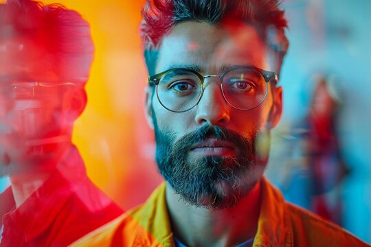 In a vibrant office setting, beautiful individuals wearing eyeglasses and well-groomed beards are drawn toward a magnetic red figure, symbolizing the concept of attracting top talent
