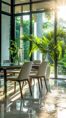 Fototapeta premium Stylish Modern Dining Room Bathed in Natural Light with Chic Glass Table, Designer Chairs, and Stunning Tropical Outdoor View. AI-Generated High-Resolution Wallpaper in Warm Tones