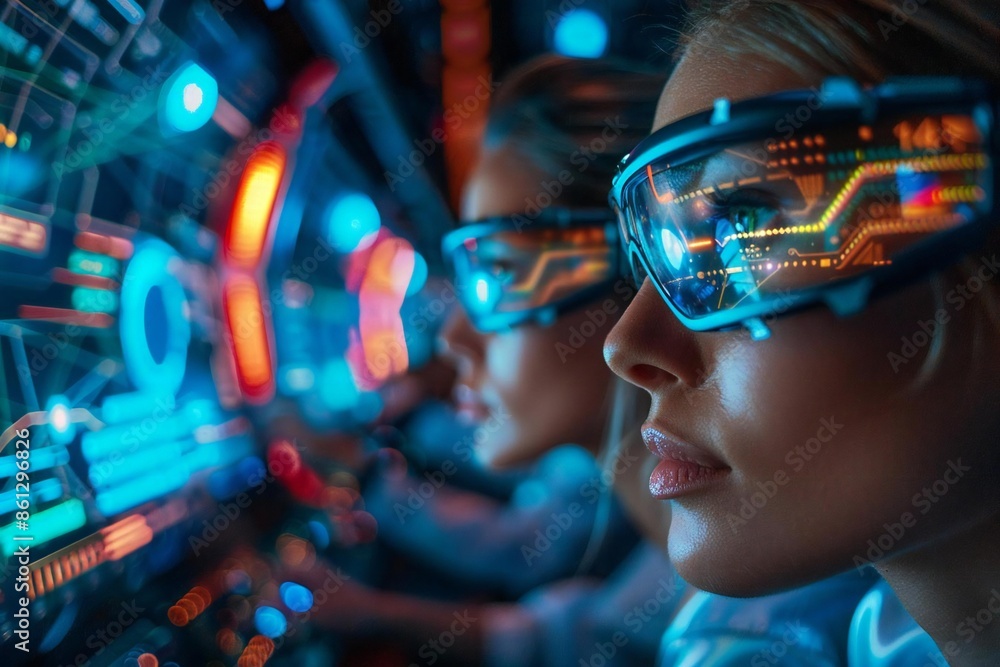 Poster beautiful individuals wearing eyeglasses monitor a futuristic holographic screen displaying a cyber 