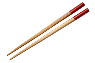 Wooden chopsticks on isolated PNG background. red chopstick tip, realistic texture.