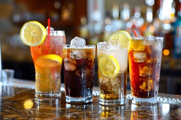 A variety of mixed drinks on a bar counter, including Cuba Libre cocktails with ice and lemon, and a whiskey-cola drink, capturing the vibrant atmosphere of a social gathering.