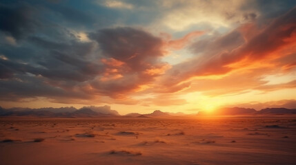 Obraz premium Sunset over Desert with Dramatic Clouds and Distant Mountains