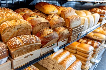 Bread buns and assorted loaves filling bakery shelves, showcasing a wide selection of freshly baked breads in a supermarket setting.