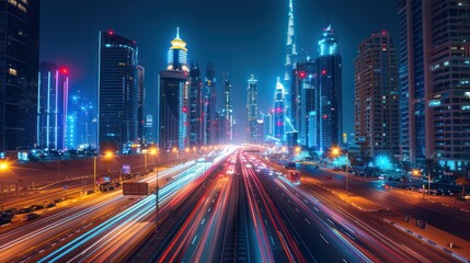 Obraz premium A dynamic cityscape at night with illuminated skyscrapers and busy streets, highlighting the energy and vibrancy of urban life