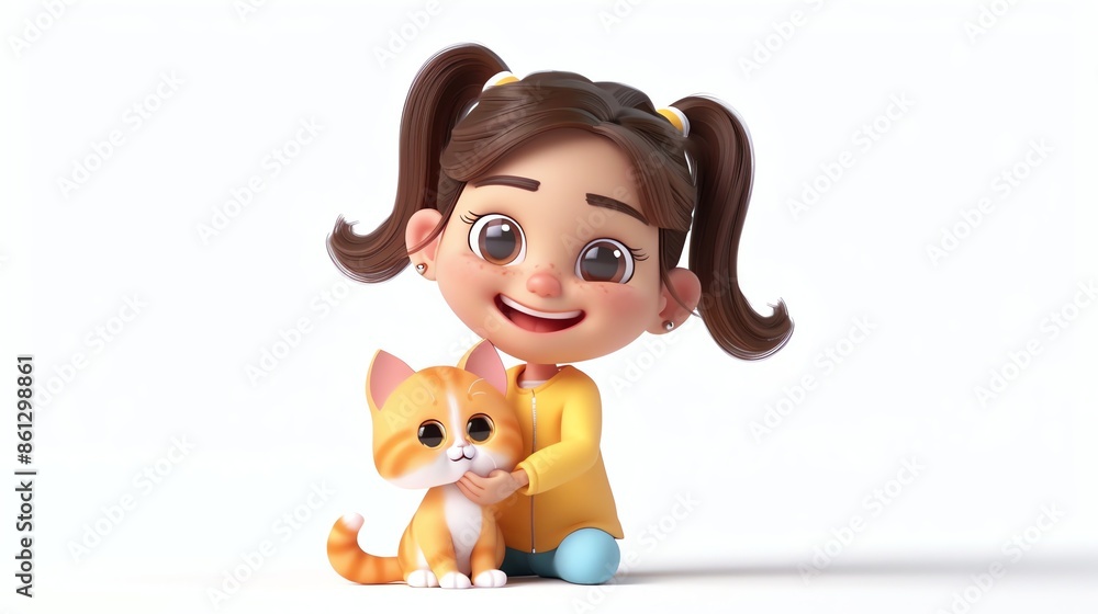 Wall mural A 3D cartoon girl with brown hair in pigtails wearing a yellow jacket and blue jeans, hugs a ginger cat.