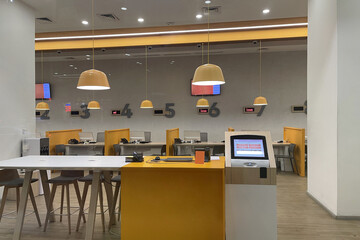Banking equipment, modern bank reception office interior background