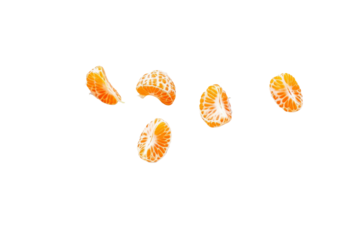 Flying of orange flesh in the air isolated on background, delicious summer fruit for refreshment, high vitamin and nutrient.