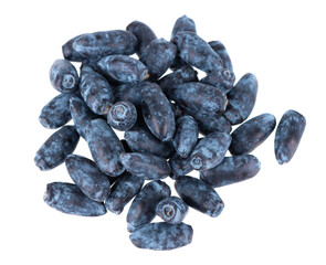 Honeysuckle isolated on white background. Fresh honeysuckle blue berry fruits. Clipping path. Top...
