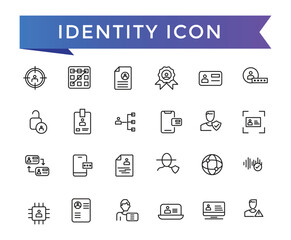Identity icon collection. Related to ID card, biometric, fingerprint, identification, passport, DNA and authentication icons.